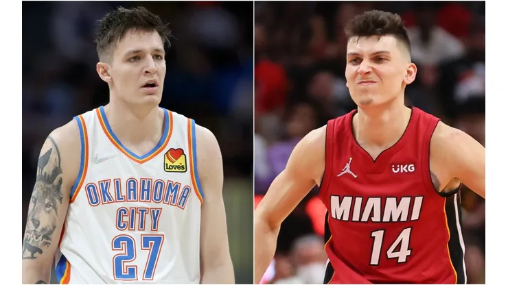Vit Krejci of the Oklahoma City Thunder and Tyler Herro of the Miami Heat