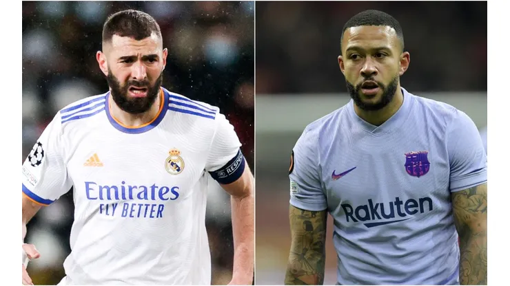 Karim Benzema of Real Madrid and Memphis Depay of Barcelona