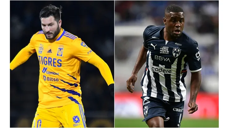 Andre-Pierre Gignac of Tigres (left) and Joel Campbell of Monterrey.