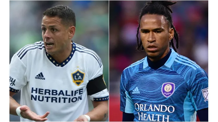 Chicharito of Los Angeles Galaxy and Pedro Gallese of Orlando City
