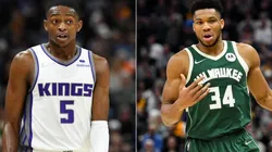 De'Aaron Fox of the Sacramento Kings and Giannis Antetokounmpo of the Milwaukee Bucks