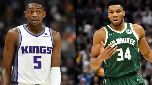 De'Aaron Fox of the Sacramento Kings and Giannis Antetokounmpo of the Milwaukee Bucks