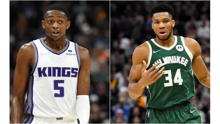 De'Aaron Fox of the Sacramento Kings and Giannis Antetokounmpo of the Milwaukee Bucks