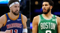 Klay Thompson of the Golden State Warriors and Jayson Tatum of the Boston Celtics and