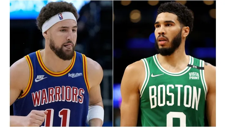 Klay Thompson of the Golden State Warriors and Jayson Tatum of the Boston Celtics and