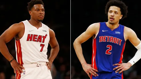 Kyle Lowry of the Miami Heat and Cade Cunningham of the Detroit Pistons