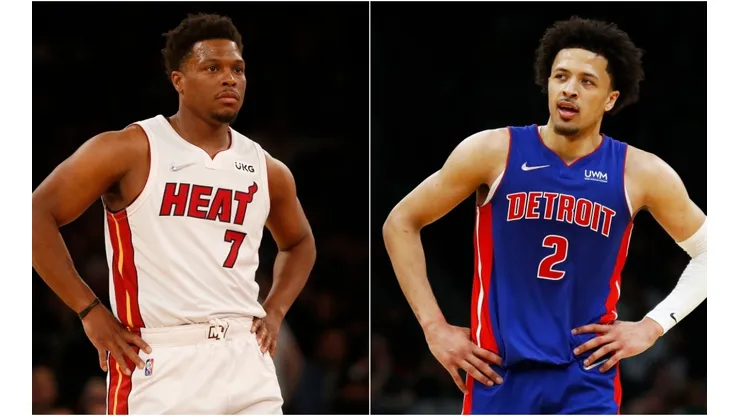 Kyle Lowry of the Miami Heat and Cade Cunningham of the Detroit Pistons