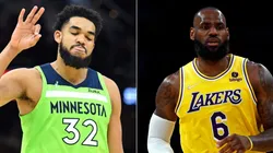 Karl-Anthony Towns of the Minnesota Timberwolves and LeBron James of the Los Angeles Lakers
