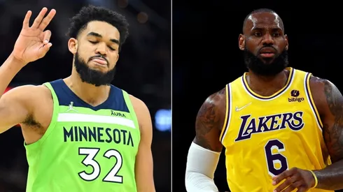 Karl-Anthony Towns of the Minnesota Timberwolves and LeBron James of the Los Angeles Lakers