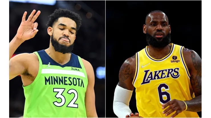 Karl-Anthony Towns of the Minnesota Timberwolves and LeBron James of the Los Angeles Lakers