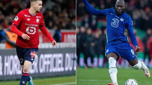 Edon Zhegrova of Lille and Romelu Lukaku of Chelsea