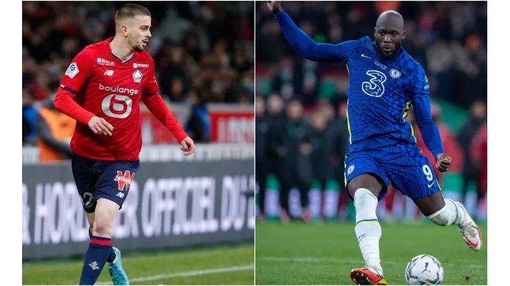 Edon Zhegrova of Lille and Romelu Lukaku of Chelsea