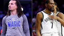 Cole Anthony of the Orlando Magic and Kevin Durant of the Brooklyn Nets