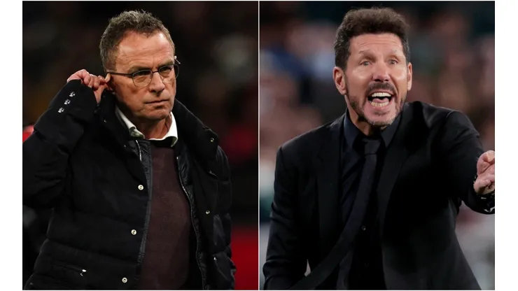 Ralf Rangnick of Manchester United and Diego Simeone of Atletico Madrid