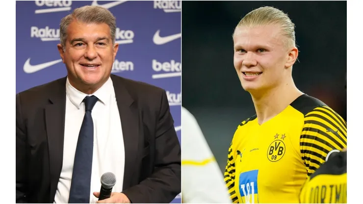 Joan Laporta of Barcelona and Erling Haaland of Borussia Dortmund
