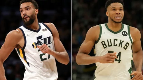 Rudy Gobert of the Utah Jazz and Giannis Antetokounmpo of the Milwaukee Bucks