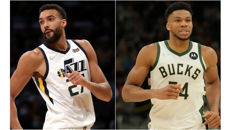 Rudy Gobert of the Utah Jazz and Giannis Antetokounmpo of the Milwaukee Bucks