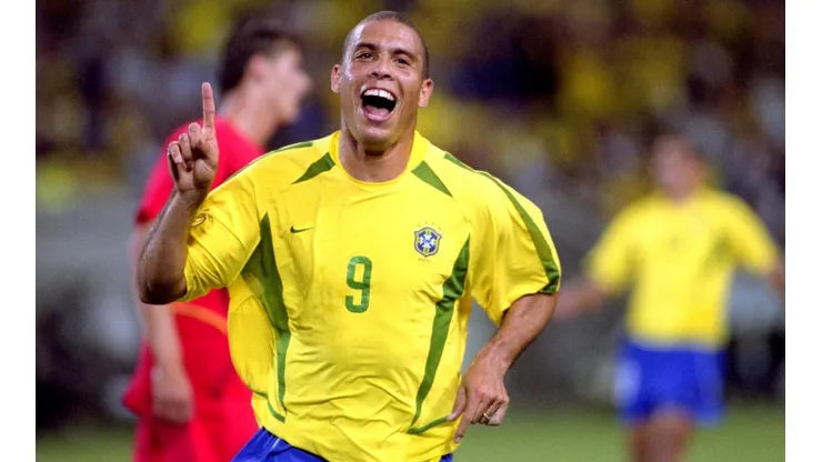 Ronaldo Nazario celebrates a goal for Brazil.