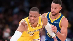 Stephen Curry guarding Russell Westbrook