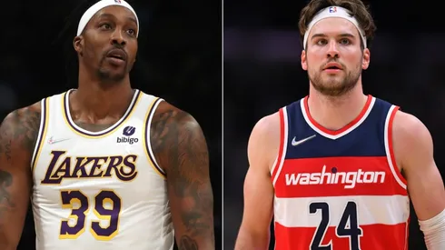 Dwight Howard of the Los Angeles Lakers and Corey Kispert of the Washington Wizards