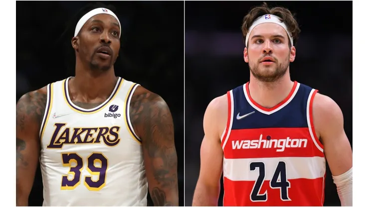 Dwight Howard of the Los Angeles Lakers and Corey Kispert of the Washington Wizards