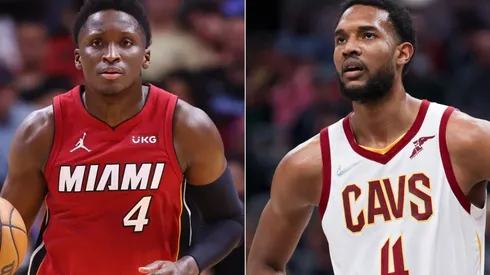 Victor Oladipo of the Miami Heat and Evan Mobley of the Cleveland Cavaliers