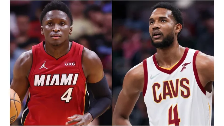 Victor Oladipo of the Miami Heat and Evan Mobley of the Cleveland Cavaliers