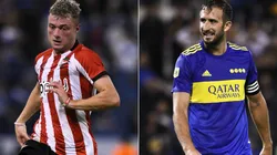 Matias Pellegrini of Estudiantes (left) and Carlos Izquierdoz of Boca Juniors.