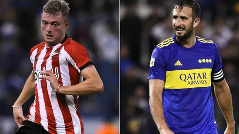 Matias Pellegrini of Estudiantes (left) and Carlos Izquierdoz of Boca Juniors.