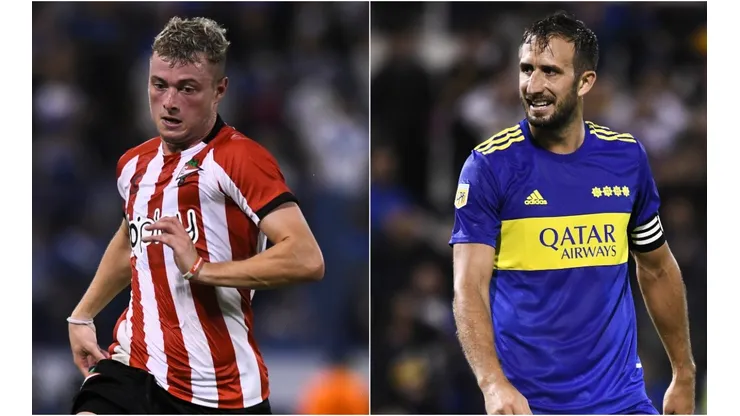 Matias Pellegrini of Estudiantes (left) and Carlos Izquierdoz of Boca Juniors.