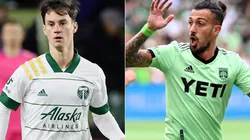 Juan Pablo of the Portland Timbers and Max Urruti of the Austin FC