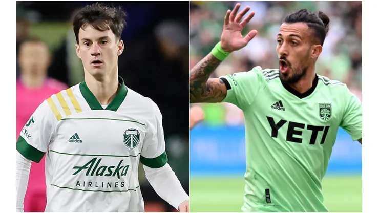 Juan Pablo of the Portland Timbers and Max Urruti of the Austin FC