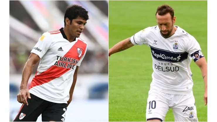 Robert Rojas of River Plate (left) and Brahian Aleman of Gimnasia de La Plata.