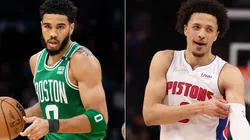 Jayson Tatum of the Boston Celtics and Cade Cunningham of the Detroit Pistons