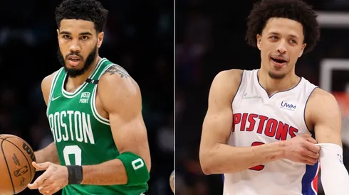 Jayson Tatum of the Boston Celtics and Cade Cunningham of the Detroit Pistons