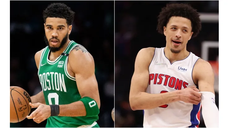 Jayson Tatum of the Boston Celtics and Cade Cunningham of the Detroit Pistons