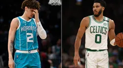 LaMelo Ball of the Charlotte Hornets and Jayson Tatum of the Boston Celtics