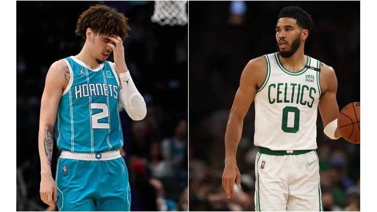 LaMelo Ball of the Charlotte Hornets and Jayson Tatum of the Boston Celtics