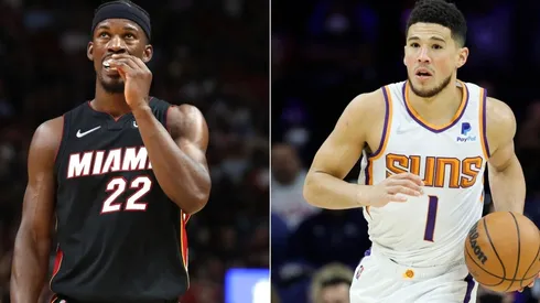 Jimmy Butler of the Miami Heat and Devin Booker of the Phoenix Suns