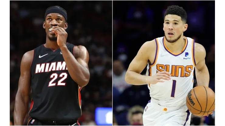 Jimmy Butler of the Miami Heat and Devin Booker of the Phoenix Suns