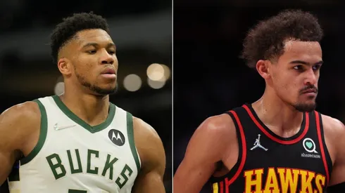 Giannis Antetokounmpo of the Milwaukee Bucks and Trae Young of the Atlanta Hawks