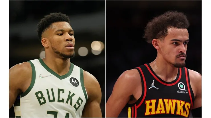 Giannis Antetokounmpo of the Milwaukee Bucks and Trae Young of the Atlanta Hawks