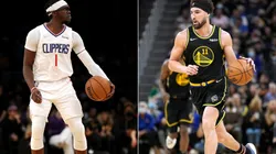 Reggie Jackson of the Los Angeles Clippers and Klay Thompson of the Golden State Warriors