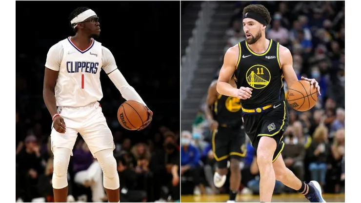 Reggie Jackson of the Los Angeles Clippers and Klay Thompson of the Golden State Warriors