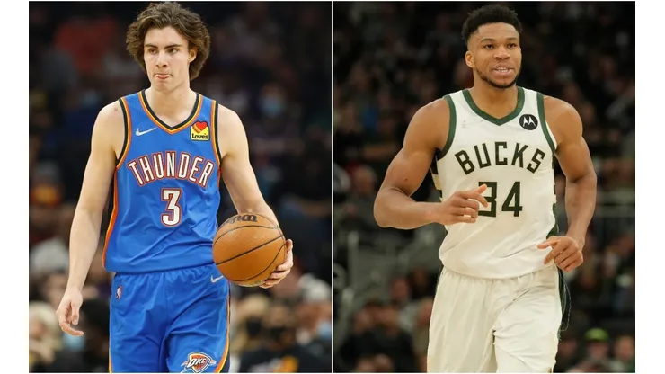 Josh Giddey of the Oklahoma City Thunder and Giannis Antetokounmpo of the Milwaukee Bucks