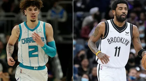 LaMelo Ball of the Charlotte Hornets and Kyrie Irving of the Brooklyn Nets