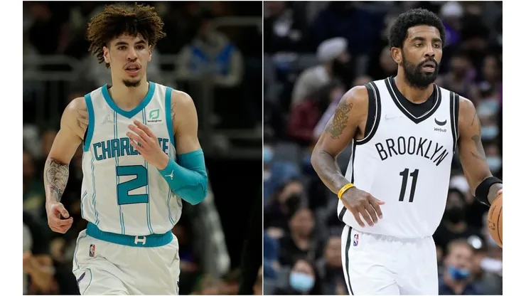 LaMelo Ball of the Charlotte Hornets and Kyrie Irving of the Brooklyn Nets