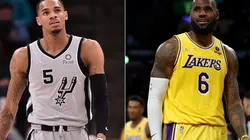Dejounte Murray of the San Antonio Spurs and LeBron James of the Los Angeles Lakers