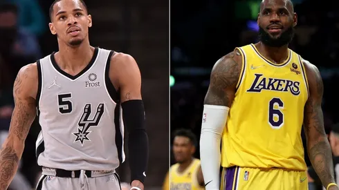 Dejounte Murray of the San Antonio Spurs and LeBron James of the Los Angeles Lakers