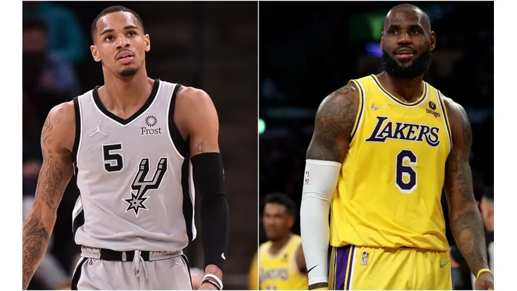 Dejounte Murray of the San Antonio Spurs and LeBron James of the Los Angeles Lakers